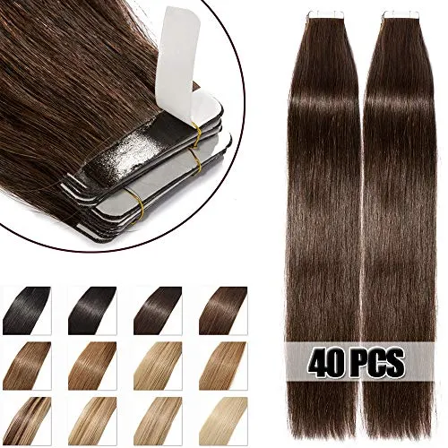 40cm Extension Capelli Veri Adesive 40 fasce 100g/set Remy Human Hair Tape in Lisci Umani Riutilizzabile Seamless, #2 Marrone Scuro