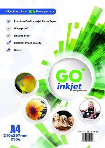 GO Inkjet - 100 fogli di carta fotografica A4 230g/m 29,7x21cm - Libro bianco più stampanti impermeabili e compatibili lucidi e getto d'inchiostro