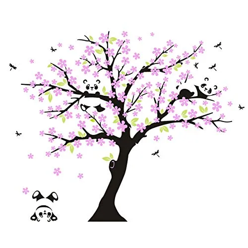 Blossom albero con piccolo panda, adesivo da muro, arte della decalcomania per bambini Rose