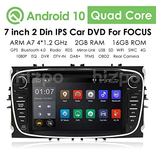 hizpo Android 10 Autoradio Stereo DVD Unità di testa 7 pollici Touchscreen In Dash GPS Supporto lettore DVD 4G WIFI USB SD CAM-IN OBD2 DAB + DVR Per Ford Mondeo S-max Focus Galaxy C-max