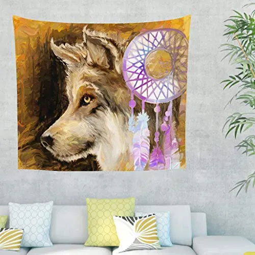 Indian Mandala Magic – Arazzo da parete Wolf Dream Catcher Wohnultur Tapisserie Tappeto da parete per soggiorno, camera da letto, camera da letto 59x51inch bianco