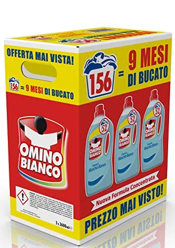 Omino Bianco - Detersivo Lavatrice Liquido, 156 Lavaggi, Rispetta Colori e Tessuti, Fresco Profumo con Essenza di Muschio Bianco, 2600 ml x 3 Confezioni