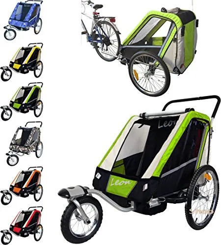 PAPILIOSHOP LEON Rimorchio passeggino carrellino per il trasporto di 1 o 2 uno due bambino bambini con la bici ruota anteriore piroettante bicicletta portabimbo bimbo bimbi portabimbi carrello pieghevole carrozzina da con x porta (New Verde)