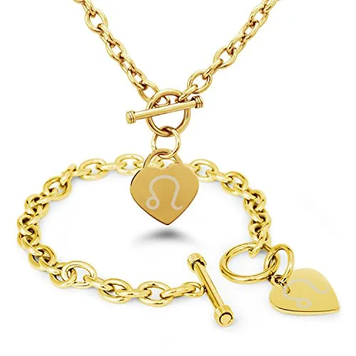Placcato Oro Acciaio Inossidabile Leone Simbolo di Astrologia Heart Charm, Bracciale Collana Impostato