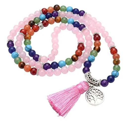 Jovivi Gioielli Pietre Naturale Collana Braccialetto Retro Tibetano Buddismo India Agata Mala Guarigione Energia Terapia Preghiera Yoga 7 Chakra Bracciale Elastico - Albero della Vita