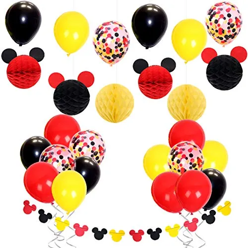 JOYMEMO Decorazioni per Feste Topolino con Palloncini di coriandoli Rosso Giallo Nero, Ghirlanda di Orecchie per Topolino, Palline di Carta a Nido d'Ape per Baby Shower, Decorazioni di Compleanno