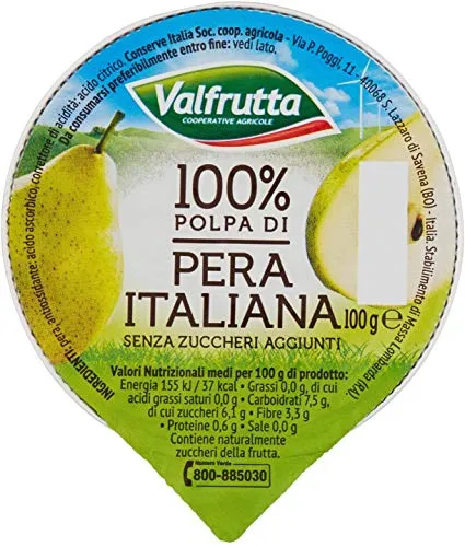 Valfrutta - 100% Polpa di Pera, senza zuccheri aggiunti e glutine - 60 vaschette da 100 g