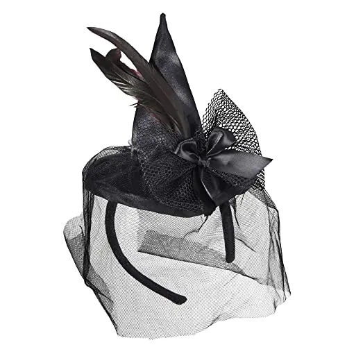 WIDMANN MILANO PARTY FASHION 9369S - Mini cappello da strega con piume e velo, per feste a tema, carnevale e Halloween, nero