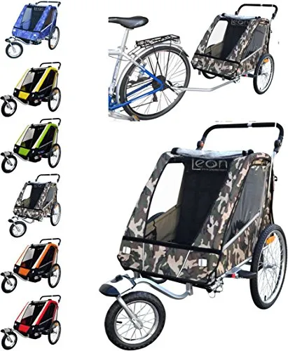 PAPILIOSHOP LEON Rimorchio passeggino carrellino per il trasporto di 1 o 2 uno due bambino bambini con la bici ruota anteriore piroettante bicicletta portabimbo bimbo bimbi portabimbi carrello pieghevole carrozzina da con x porta (New Mimetico)