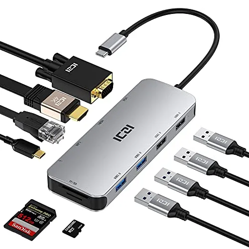 Hub USB C ICZI 10 in 1 Adattatore USB C HDMI 4K VGA PD 100W 1Gbps Ethernet Porta SD/TF 4 USB 3.0/2.0 per MacBook Pro/Air M1,Surface Go2/ Pro7 XPS Samsung HuaWei e Thunderbolt 3 Dispositivi
