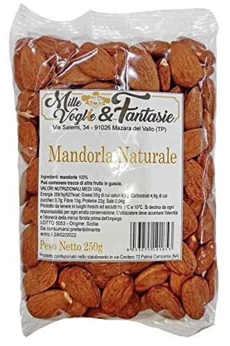 Mandorle Sgusciate Siciliane intere al naturale 1° scelta Frutta secca di alta qualità snack sano e genuino (250 GR)