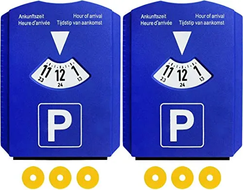 M&H-24 2 Disco Orario per Auto Europa Parking Disc con Raschietto per Ghiaccio e 3 Chip Carrello della Spesa, Plastica Blu