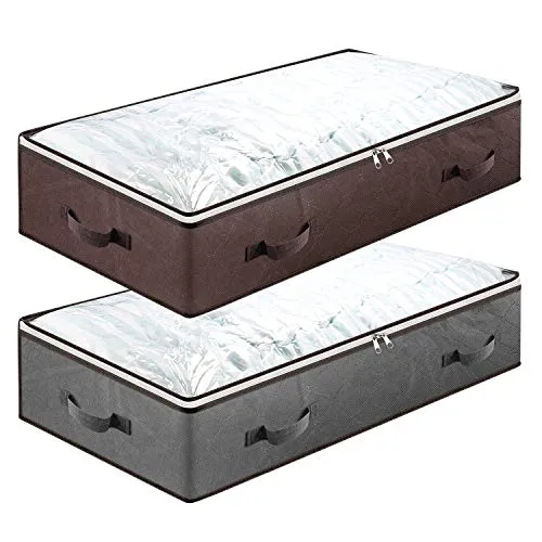 Qisiewell Contenitore Sottoletto Grigio/Marrone 2 PCS 100x50x15cm 75L Borsa di Stoccaggio sotto Il Letto con Tessuto Aggiornato per Coperte Biancheria da Letto Organizer Pieghevole e Traspirante