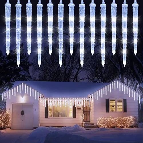 Geemoo Luci Natale Esterno,Tenda di luci LED con 20 Ghiaccioli, 90 LED Tenda Luminosa Bianco Freddo, Luci Natalizie con 8 modalità, Timer, Luci Decorazione Natale per Gronda, Finestra, Casa, Cortile
