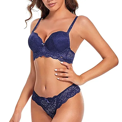 SHEKINI Completi Intimi da Donna Lingerie Reggiseno con Ferretto in Pizzo Spalline Removibili Elegance Push Up Reggiseno e Perizoma Set da 2 Pezzi