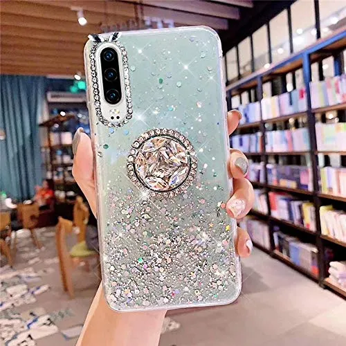 Custodia Compatibile con Huawei P30 Trasparente Paillettes Glitter Bling Supporto Anello Diamante Strass Sottile TPU Silicone Morbido Case Clear Flessibile Protettiva Stella Gel Gomma Bumper,Verde