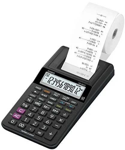 Casio HR-8RCE-BK Calcolatrice Scrivente Portatile, Display a 12 Cifre, Funzioni Check e Correct, Funzioni After Print e Re-print, Scatola, Nero