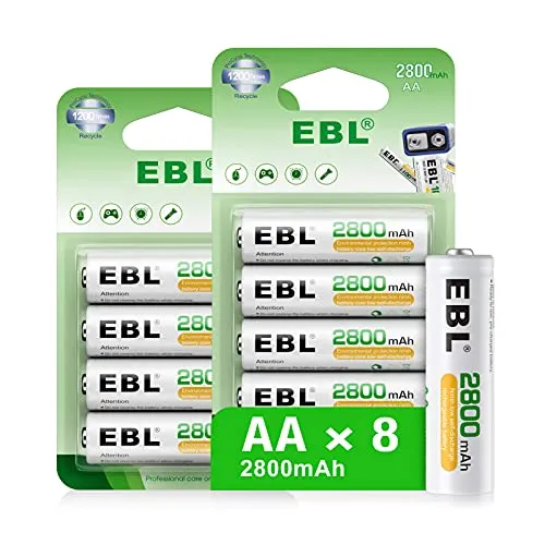 EBL 1.2V AA Batterie Ricaricabili Ad Alta Capacità,Pile Ricaricabili da 2800mAh Ni-MH con 1200 volte,Confezione da 8 pezzi