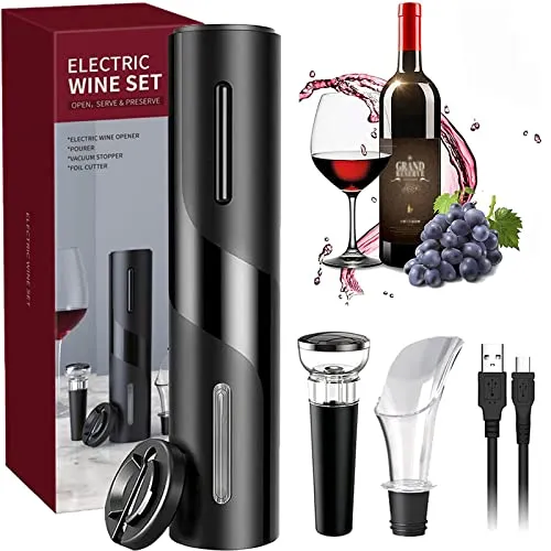 Cavatappi Elettrico per Vino, Set di Apribottiglie Elettrico 5 In 1 con Linea di Ricarica USB, Tagliapasta Stagnola, Tappo del Vino di Vuoto, Versatore, Regalo per Gli Amanti del Vino