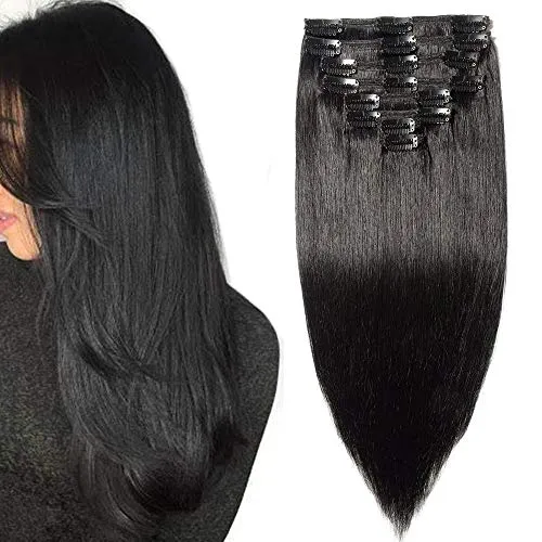 Extension Capelli Veri Clip Volumizzante Neri - 30cm 115g - 8 Ciocche Folte Double Weft Full Head 100% Remy Human Hair Naturali, 1 Jet Nero