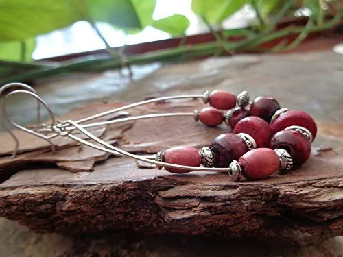 ✿ ORECCHINI A FILO LUNGO ALPACA CON LEGNO E COCCO IN ROSSO earrings Orecchini etnici in rosso bordeaux e argento in stile zingaro boho