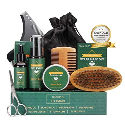 Kit Barba per Uomo 9 in 1 Kit per La Cura della Barba - Kit Cura Barba Completo con Olio Barba, Balsamo Barba, Shampoo Barba, Spazzola, Pettine, Forbici, Borsa di Stoccaggio, Perfetto Regali per Uomo