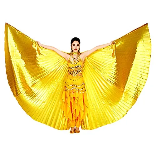 Sobotoo Costume professionale per danza del ventre, con ali di Iside e bastoni, Oro, Taglia unica