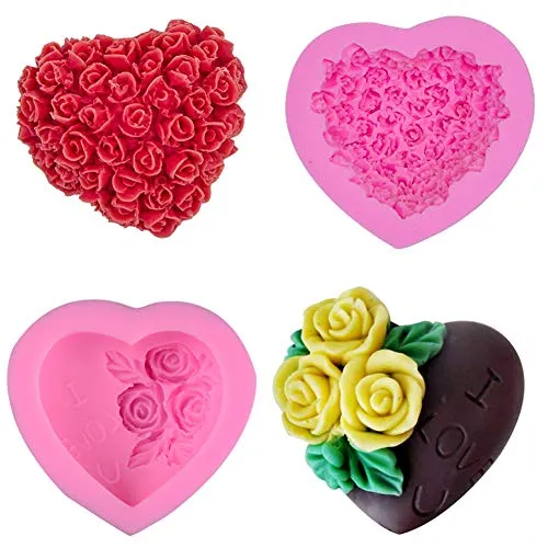 2 pezzi Cuore Rose Fiore Stampo in silicone per cupcake, muffin, sapone fatto a mano, biscotti, cioccolato, cubetti di ghiaccio, 3D, fai da te, fondente, decorazione per torte, sapone forma