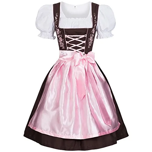 Gaudi-Leathers Bavarese Dirndl Set Marrone con Rosa 3 Pezzi Costume Tipico Tirolese per Oktoberfest Carnevale Donna 38