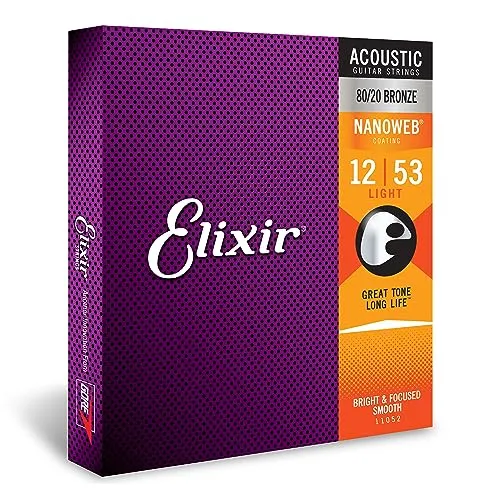 Corde per chitarra acustica bronzo 80/20 Elixir Strings con rivestimento NANOWEB, Light (.012-.053)