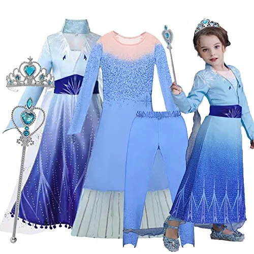 O³ Vestito Principessa Elsa Realizzato in Materiale di Alta qualità - Costume Bambina Carnevale – Festa di Compleanno | Include Corona e Baccheta | Taglia a Scelta 110-150 cm - 3 a 9 Anni (Elsa 120)
