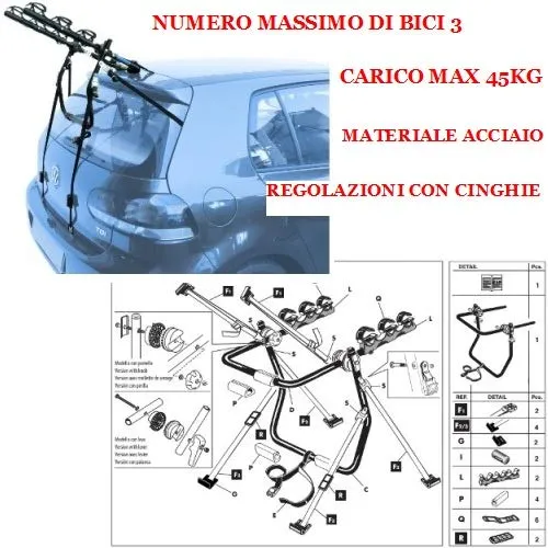 COMPATIBILE CON Alfa Romeo Giulietta 5p (10-14) PORTABICI POSTERIORE PER AUTO PER 3 BICI PORTA BICICLETTE IN ACCIAIO PER COFANO AUTO RETRO PER 3 CICLO CON REGOLAZIONI DI CINGHIE