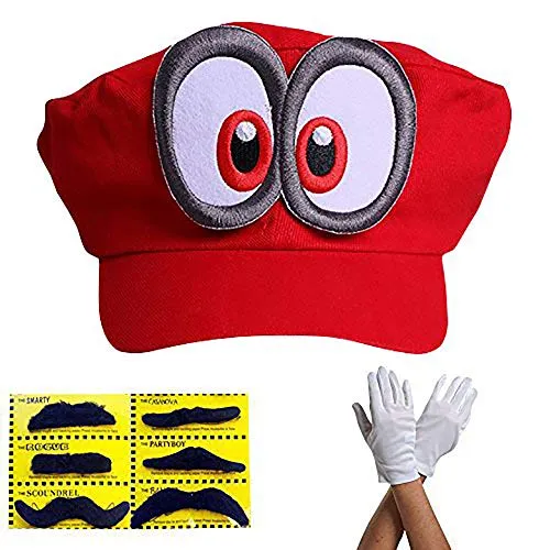 Super Mario Cappello Odyssey - Set di 1x Guanti e 6X Barba appiccicosa Costume per Adulti e Bambini - Perfetto per Carnevale e Cosplay - Occhi… (Style001)