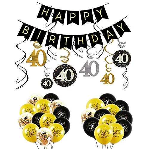 INTVN 40 ° Kit Decorazioni per la Festa di Compleanno, Striscione Happy Birthday, Decorazioni Pendenti di Compleanno 40 Anni Palloncini in Lattice Palloncini coriandoli Oro Nero