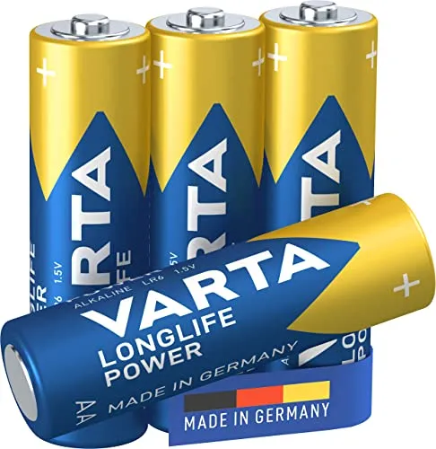 VARTA Longlife Power Batterie AA Mignon LR06 (pacco da 4) Batteria alcalina - Made in Germany - Ideali per giocattoli, torce, controller e altri dispositivi a batteria