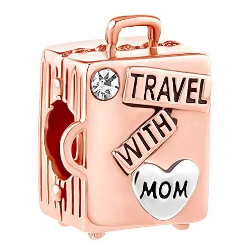 Sug Jasmin, Charm a forma di valigia con scritta in inglese "Travel with Mom", per gli appassionati di viaggio, adatto per bracciali con ciondoli e Rame, colore: Oro rosa, cod. SJC_DPC_LF067_X04