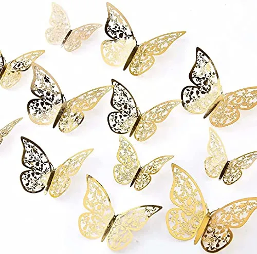 AIEX 24 Pezzi Ornamenti di Farfalle 3D Adesivi Rimovibili con 3 Diverse Dimensioni (Oro)