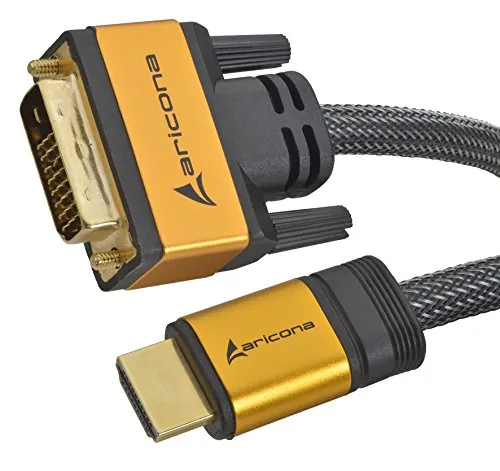 1 metro di cavo High End & High Speed da HDMI a DVI 19pin con connettori placcati in oro e una treccia di nylon/alluminio e custodia in alluminio, conduttori in rame nudo e 24 pin, di aricona