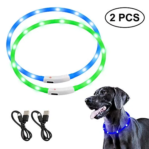 Vegena Collare Luminoso per Cani, 2 Pezzi Collare di Sicurezza con LED Ricaricabile USB ultraluminoso Ultra Domestico con 3 modalità e Misura Regolabile Adatto d'ardore per Tutti i Cani Gatti