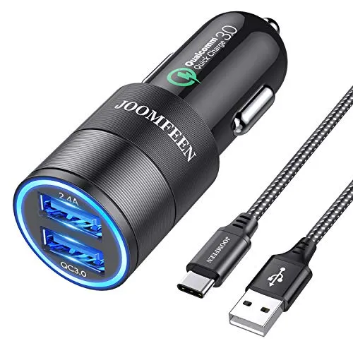 JOOMFEEN Caricabatteria auto USB C,Quick Charge 3.0+2.4A 30W Caricatore Rapido Adattatore caricatore da auto doppio USB con Cavo Type C per Samsung Galaxy S10E/S9/S8/Note 8,LG G6,OnePlus 5,Huawei P20