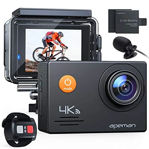 APEMAN Action Cam A79 PRO, 4K 20MP WiFi Impermeabile 40M con Telecomando e Microfono Esterno Fotocamera Subacquea Digitale, Anti-Shaking Stabilizzazione Videocamera, Time Lapse Slow Motion