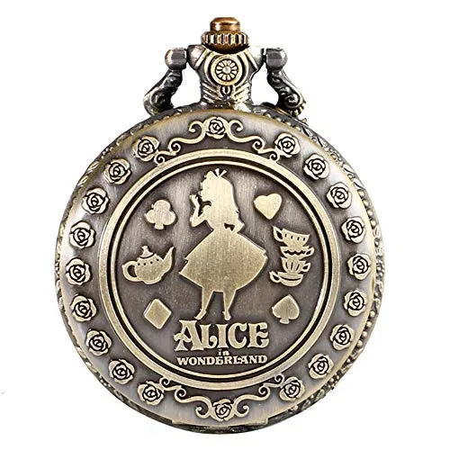 Orologio da taschino analogico al quarzo, da donna, in bronzo, a tema Alice nel paese delle meraviglie, con incisione, regalo di Natale