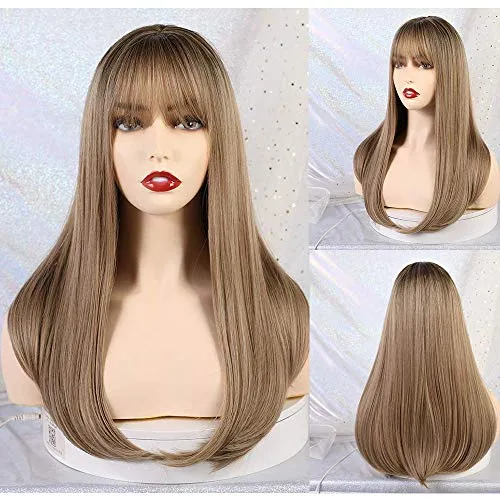 qingbaobao Parrucca Dorata Lunga di qualità alla Moda, con Parrucca Sintetica in Fibra Ondulata Resistente al Calore Naturale Bangs, per Parrucche Cosplay Giornaliere da Donna