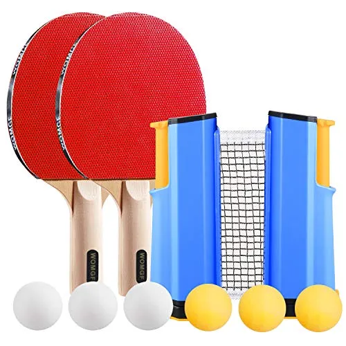 WOMGF - Racchetta da ping pong set – 2 racchette da tennis da tavolo + 1 retraibile rete da tavolo + 6 palline + 1 borsa, portatile ping pong