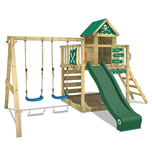 Parco giochi in legno WICKEY Smart Cave giochi da giardino per bambini, casetta da gioco con altalena e scivolo, verde