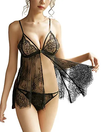 SxyBox Babydoll Lingerie Sexy Intimo Donna Biancheria Intima Confortevole Stile-Anteriore Aperto Grande Size Pizzo Lace Lingerie Trasparente Aperto G-Stringa