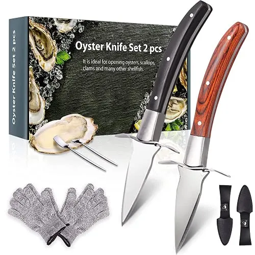 Coltelli da ostriche, Seafood Apriostriche, 2 coltelli per ostriche 2 paia di guanti resistenti al taglio(L), set di Coltello per ostrica in acciaio inossidabile con manico in legno