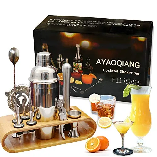 AYAOQIANG Cocktail Shaker Set di 12 Pezzi, Kit Attrezzatura Bar in Acciaio Inox, Shaker 750 ml, Jigger Bar Spoon ect per Drink Cornice in Legno.