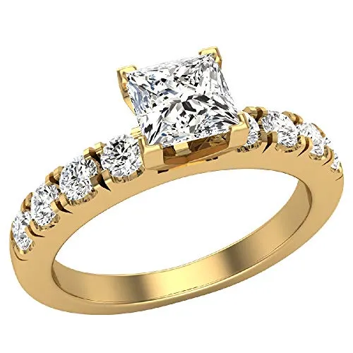 1,00 Anello di fidanzamento con diamante solitario in oro giallo 14 carati taglio principessa, 0,50 ct, colore JK, purezza I1-I2 - diamante centrale certificato (misura dell'anello 5,5)