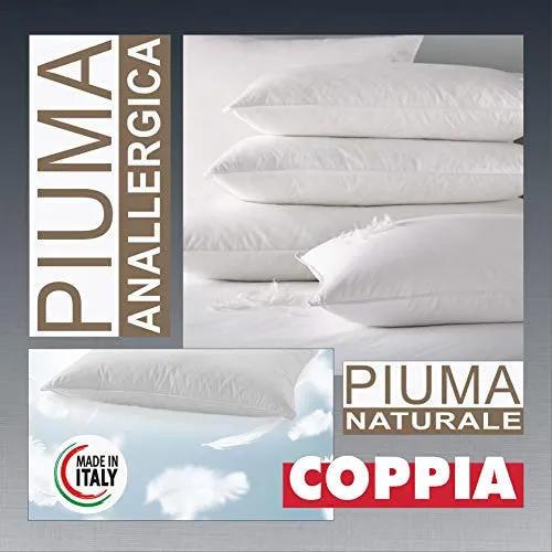 Evodreams Coppia Guanciali Piuma Naturale - Piuma D'Oca, Anatomico, Tessuto Puro Cotone a Tenuta Piuma, Prodotto Artigianale Fatto in Italia